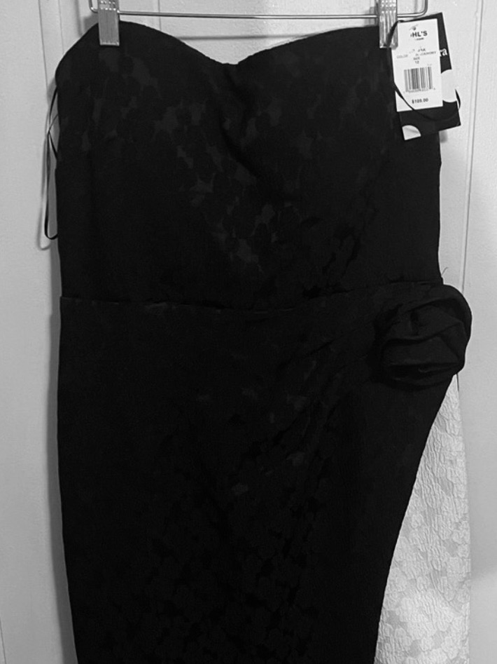 Kohl's Black Strapless Lace Midi Dress With Ivory Side Panel And Rosette